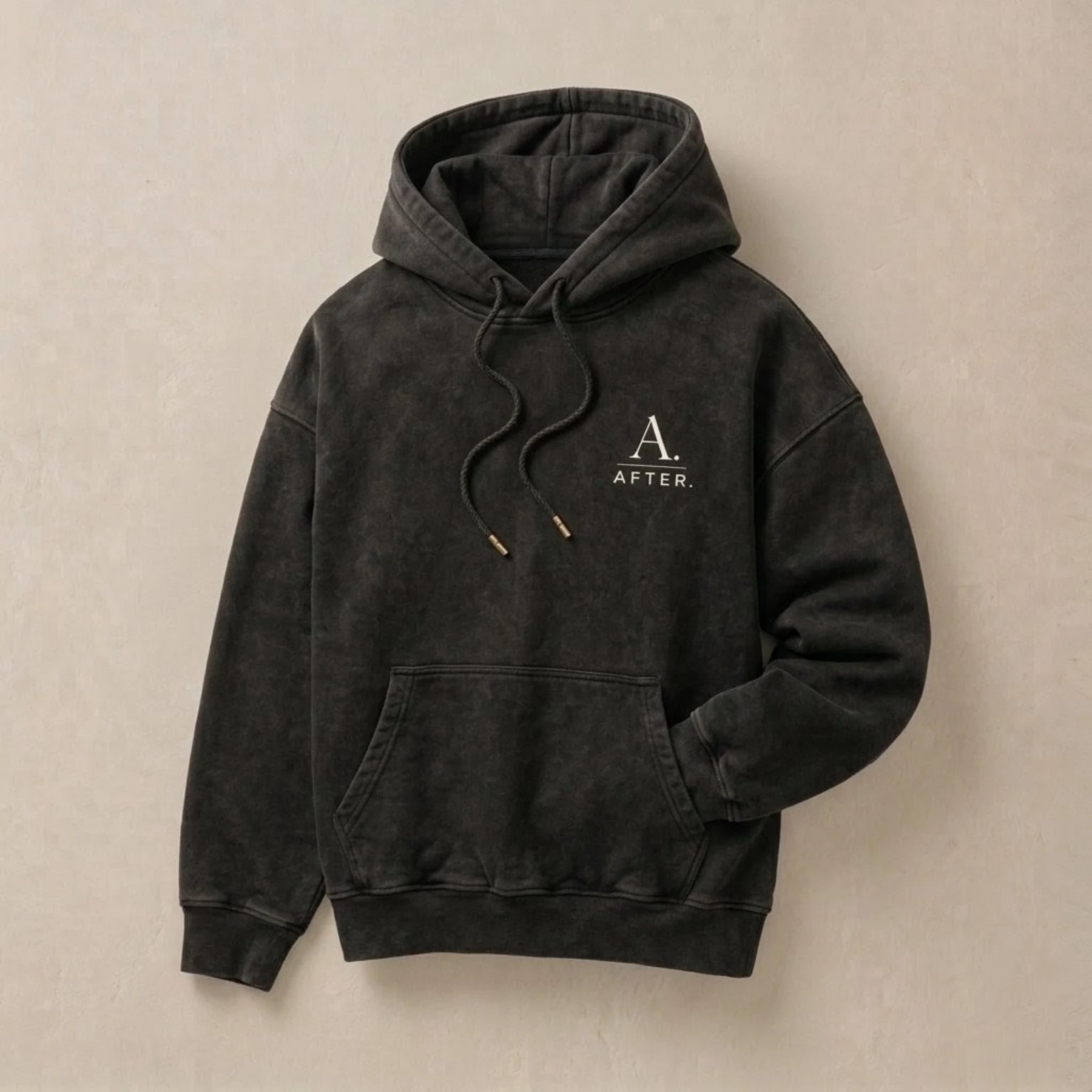 WORTH hoodie in Washed Black, front development view